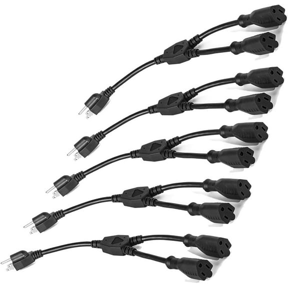 Y Splitter Power Cable Extension Cord 3 Prong, Power Cord Splitter 16 AWG, Cable Strip Outlet Extender Saver UL Approved, 1 Foot, 5 Pack Black