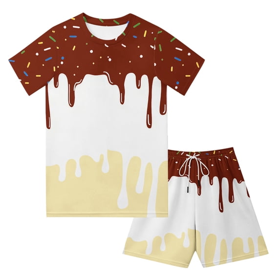 Y-Sunset 2 Piece Ice Cream Baseball Shorts Sets Ice Cream Baseball Crewneck Short Sleeve Tee Shirts and Summer Drawstring Shorts 100&Brown