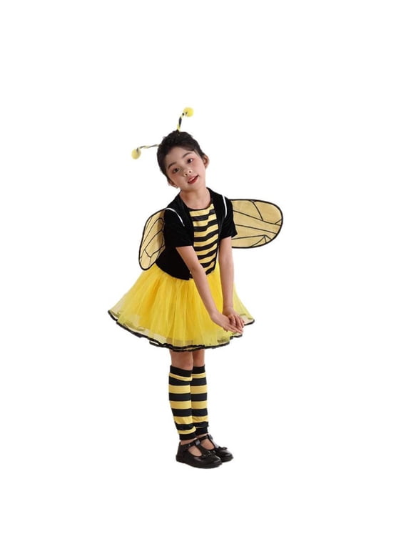 4pcs Bee for Kids Toddler Light Up Bumblebee Tutu Dresses Bee Wings Socks Hairband Halloween Dress Up Gift(11-12 Years/Yellow)