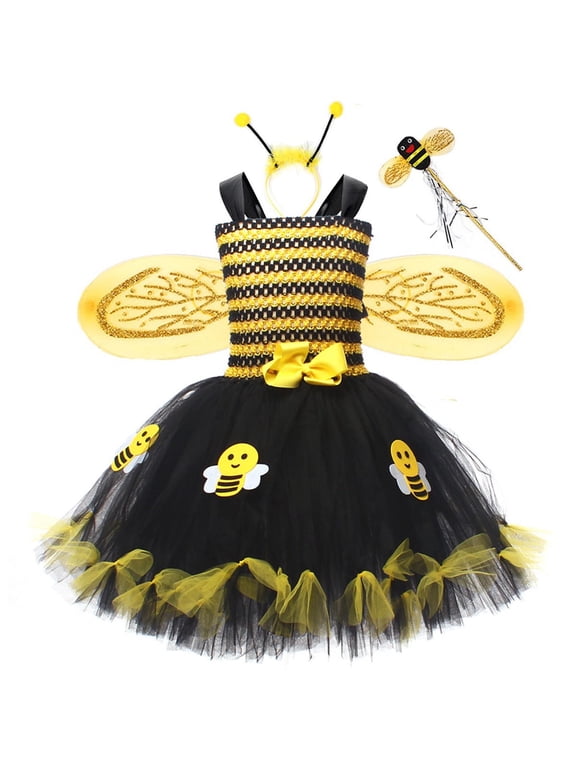 5pcs Bee for Kids Toddler Light Up Bumblebee Tutu Dresses Bee Wings Socks Hairband Handheld Staff Halloween Dress Up Gift,8-9Years,Yellow