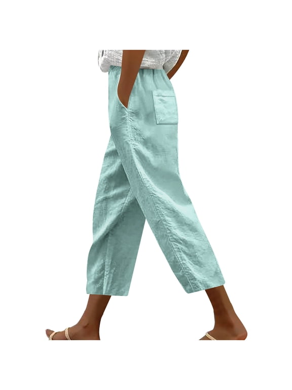Beach Pants Women Capris Pants for Women Summer Wide Leg Loose Elastic Waist Cropped Trouser Vacation Clothes with Pockets,M,Mint Green