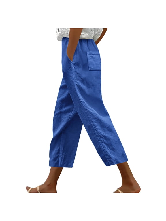 Beach Pants Women Capris Pants for Women Summer Wide Leg Loose Elastic Waist Cropped Trouser Vacation Clothes with Pockets,XL,Blue