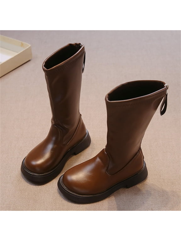 Boots for Girls,Girls Shoes,Winter Zipper Riding Boots Leather,Brown,11 Little Girls