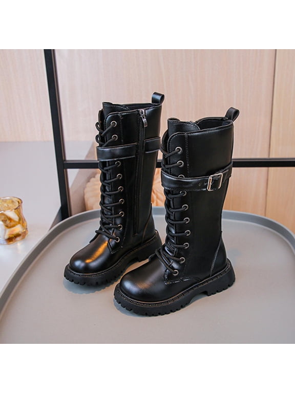 Boots for Girls,Shoes for Girls,Winter Zipper Lace up Riding High Boots Leather,Black,11 Little Girls