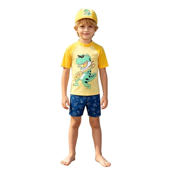 Y-Sunset Boy Quick Dry Swimsuits 3 Piece Swim Set Beach Swim Trunks Top TShirt Swimming Cap Sun Protection Bathing Suit Swimwear Kids 5-6 Years&Yellow#04