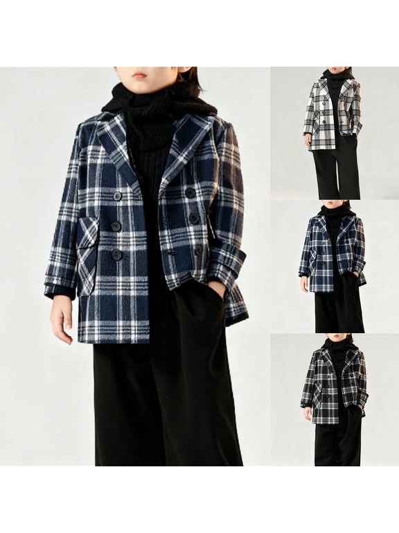 Boys Overcoat Jackets Kids Blue White Plaid Double Breasted Short Wool Blazer Jacket Boys Spring Fall Casual Coat,14-15 Years,Black