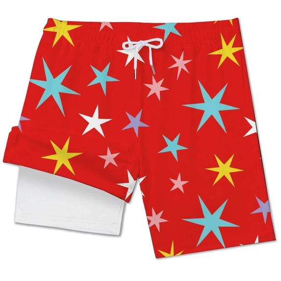 Y-Sunset Boys Swim Trunks with Compression Liner High Visibility Quick Dry Bathing Suit Vintage Swimming Shorts Kids 5-6 Years&Red#02