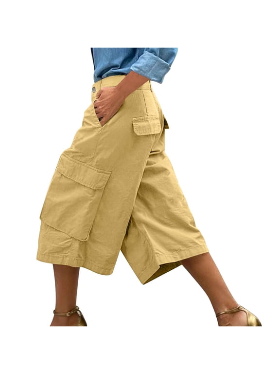 Capri Cargo Pants for Women Palazzo Slack Wide Leg Dress Capris Culottes with Pockets Slack Summer Lightweight High Waist Cropped Pants,M,Yellow