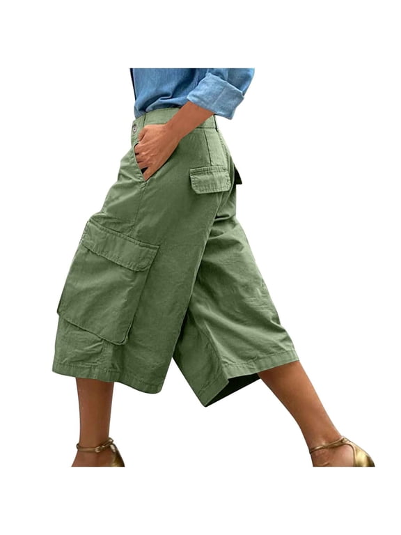 Capri Cargo Pants for Women Palazzo Slack Wide Leg Dress Capris Culottes with Pockets Slack Summer Lightweight High Waist Cropped Pants,S,Green