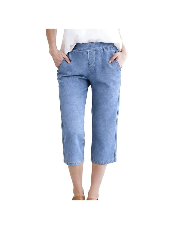 Capri Jeans for Women Low Waist Casual Straight Leg Pants Trendy Pull On Stretchy Denim Capris with Pockets Summer Clothes,S,Light Blue