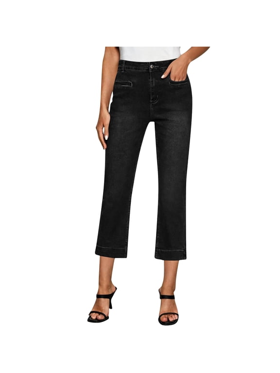Capri Jeans for Women Summer High Waisted Stretch Denim Capris Business Casual Straight Leg Pants with Pockets,3XL,Black