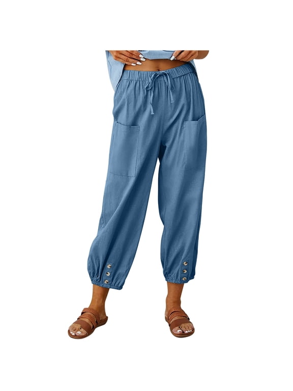 Capri Pants for Women High Waist Drawstring Cotton Linen Capris Fashion Summer Beach Cropped Pants with Pockets,Large,Blue
