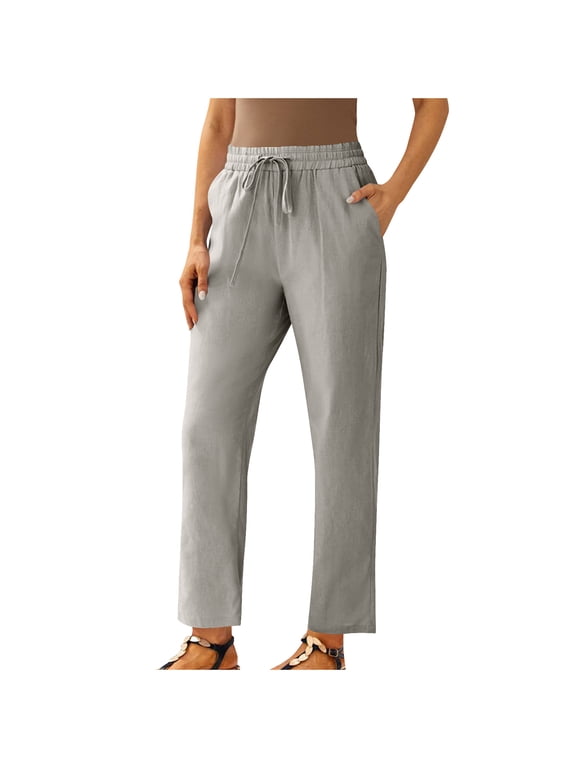 Capri Pants for Women Straight Leg Plus Size Ankle Pants Drawstring Elastic Waisted Cotton Linen Pants Cropped Trousers,3XL,Gray