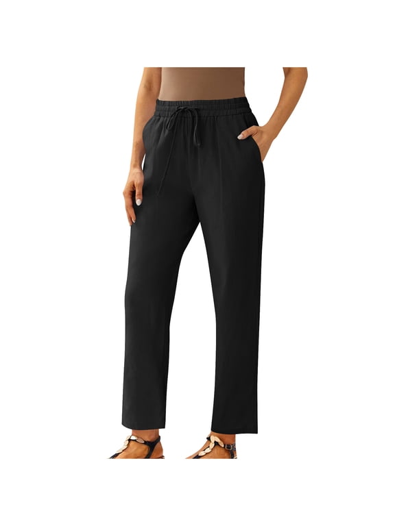 Capri Pants for Women Straight Leg Plus Size Ankle Pants Drawstring Elastic Waisted Cotton Linen Pants Cropped Trousers,L,Black