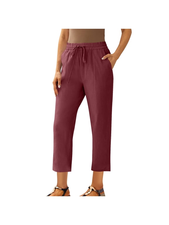 Capri Pants for Women Straight Leg Plus Size Ankle Pants Drawstring Elastic Waisted Cotton Linen Pants Cropped Trousers,S,