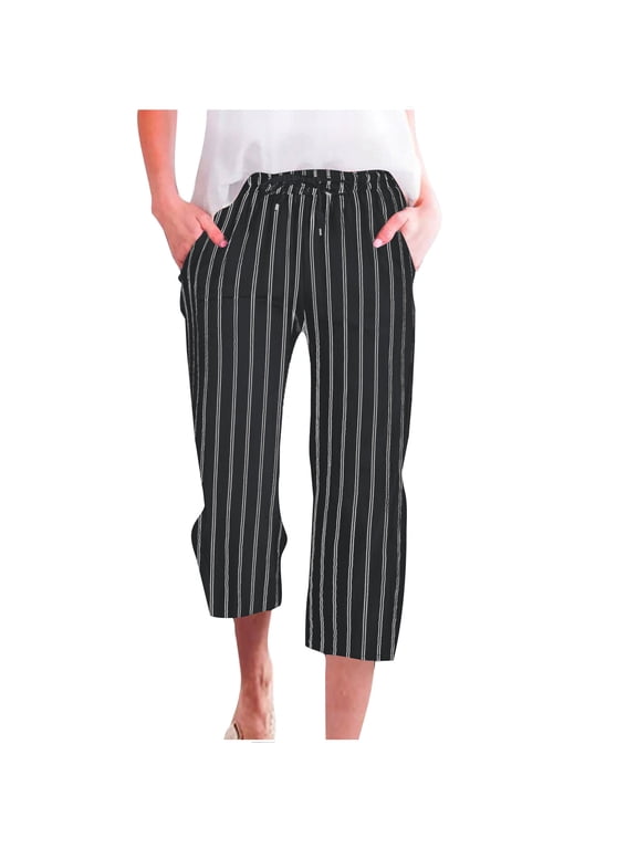 Capris Pants for Women Casual Stripe Elastic Drawstring Wide Leg Capris Pants with Pockets Summer Pants for Women,M,Black