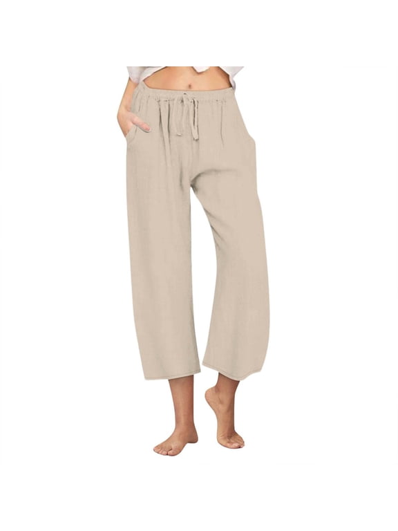 Capris for Women Casual Summer Fashion Lightweight Cotton Linen Pants Drawstring Elastic Waist Wide Leg Capri Pant with Pockets Plus Size Activewear,S,Beige