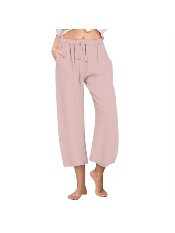 Capris for Women Casual Summer Fashion Lightweight Pants Drawstring Elastic Waist Wide Leg Capri Pant with Pockets Plus Size Activewear,XXXL,Pink