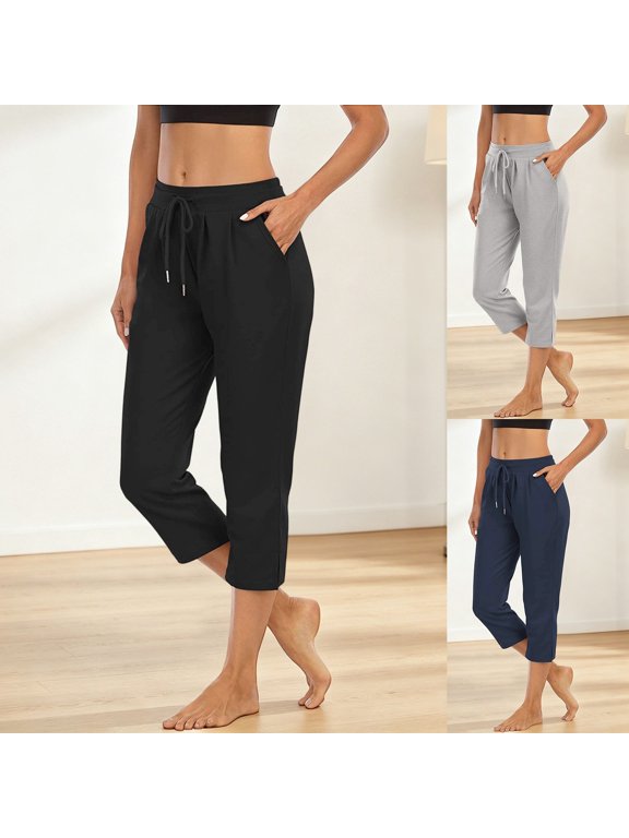 Capris for Women Casual Summer Wide Leg Crop Pants Loose Comfy Drawstring Yoga Jogger Capri Pants with Pockets(Black/L)