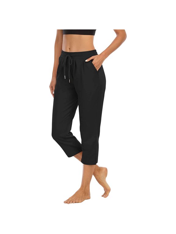 Capris for Women Casual Summer Wide Leg Crop Pants Loose Comfy Drawstring Yoga Jogger Capri Pants with Pockets(Black/S)