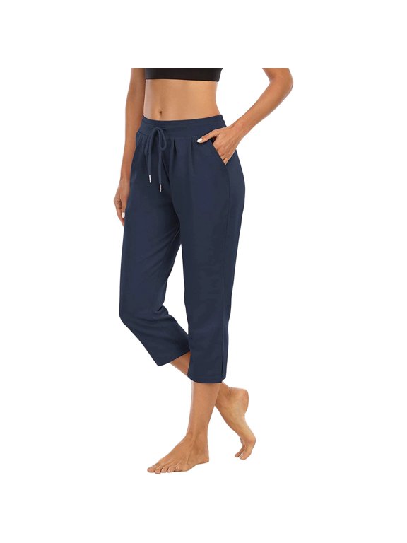 Capris for Women Casual Summer Wide Leg Crop Pants Loose Comfy Drawstring Yoga Jogger Capri Pants with Pockets(Blue/XL)