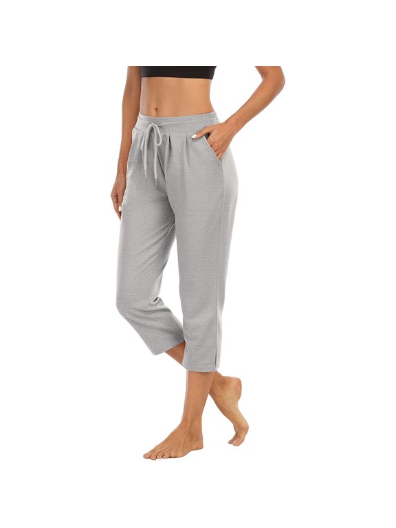Capris for Women Casual Summer Wide Leg Crop Pants Loose Comfy Drawstring Yoga Jogger Capri Pants with Pockets(Grey/S)