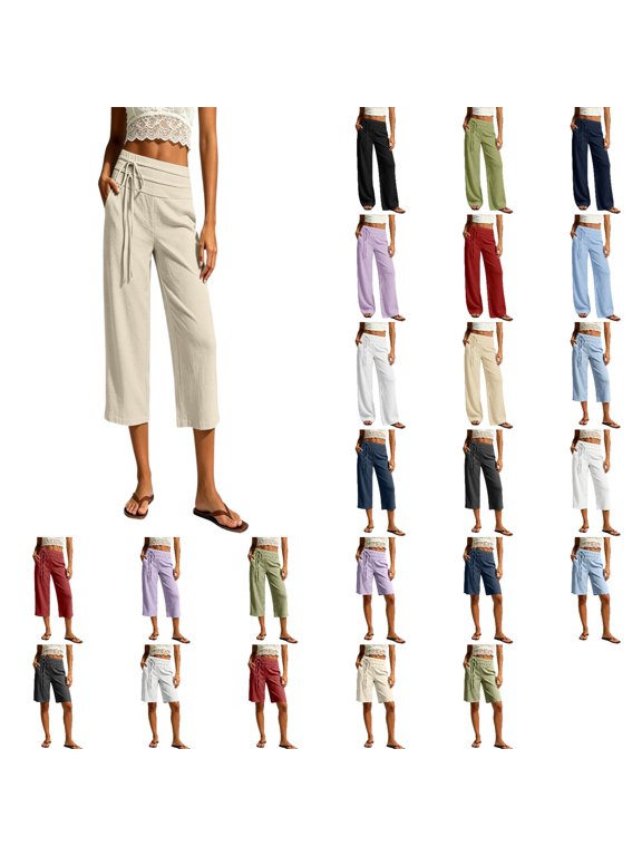 Capris for Women High Waisted Wide Leg Linen Pants Casual Loose Summer Vacation Trousers with Pockets(Beige/L)