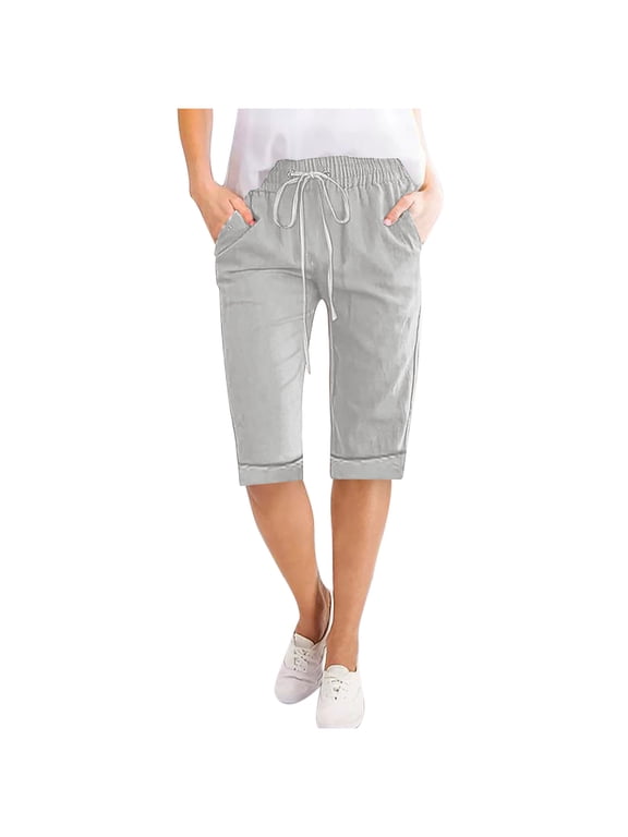 Cotton Linen Capri Pants for Women Folded Hem Elastic Waist Drawstring Knee Length Casual Summer Shorts with Pockets,2XL,Gray