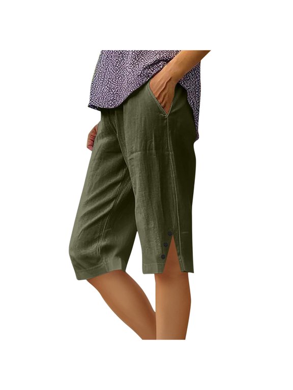 Cotton Linen Capris for Women Soft Baggy Summer Casual Capri Pants with Pockets Side Slit Trendy Wide Leg Cropped Pants,5XL,Green