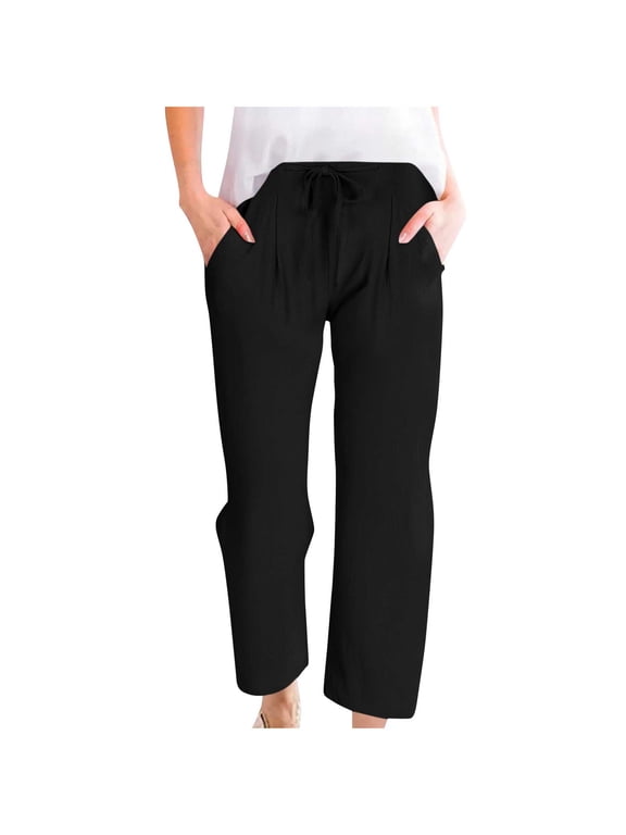 Cotton Linen Pants for Women Drawstring Capri Pants Lightweight Beach Vacation Cropped Pants Summer Casual Trousers,2XL,Black
