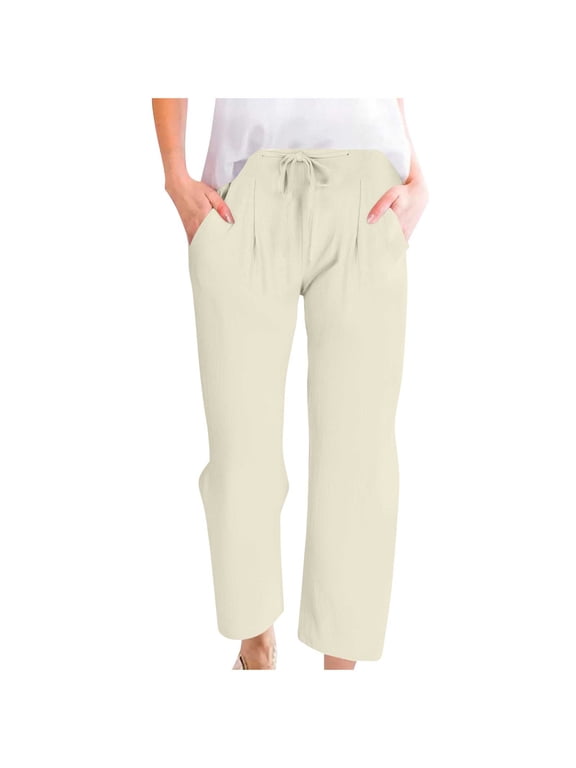 Cotton Linen Pants for Women Drawstring Capri Pants Lightweight Beach Vacation Cropped Pants Summer Casual Trousers,S,Beige