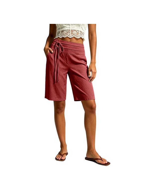 Cotton Linen Shorts for Women Casual Loose Drawstring High Waisted Dressy Lightweight Soft Bermuda Short with Pockets(Red/M)