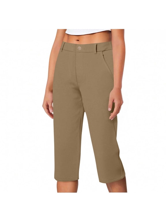 Dressy Capris for Women Casual Summer Fall Business Straight Leg Capri Pants with Pockets Soft Work Office Cropped Pants,S,Coffee