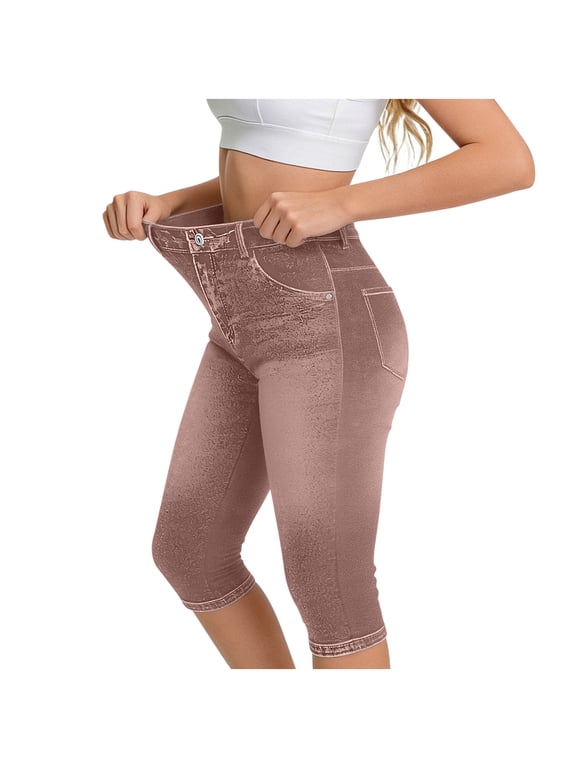 Denim Capri Pants for Women High Waisted Stretchy Jean Capris Pull on Jeggings Casual Denim Capri Leggings,XL,Coffee