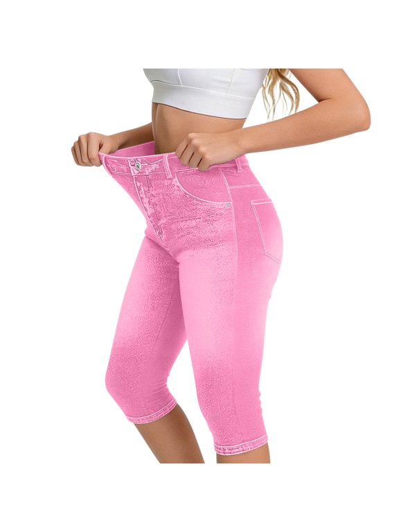 Denim Capri Pants for Women High Waisted Stretchy Jean Capris Pull on Jeggings Casual Denim Capri Leggings,XXL,Pink