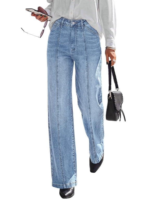 Front Seam Stretchy Wide Straight Leg Jeans for Women Trendy Boyfriend Baggy Denim Jeans, High Waisted Palazzo Pants, 5-Pocket, Relaxed Fit, Full Length, Casual Bottoms, Fall Outfits,8