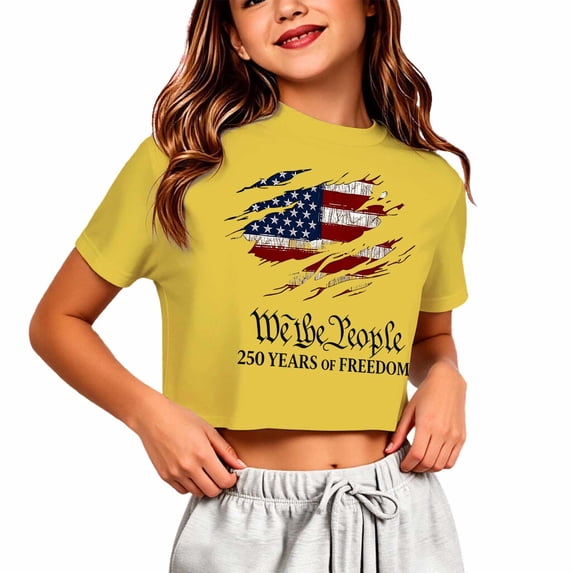 Y-Sunset Girls' 250 Years of Freedom Patriotic Crop Top, Kids "We The People" 4th of July Short Sleeve Tee, Casual Independence Day T-Shirt for Ages 5-14(Yellow/9-10 Years)
