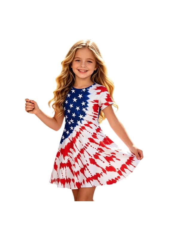 Girls' 4th of July Patriotic Dress, USA American Flag Print A-Line Short Sleeve Dress, Independence Day Outfit, Casual Summer Swing Dress for Kids(Red/4-5 Years)