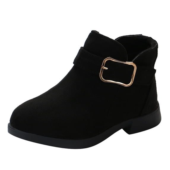 Y-Sunset Girls Ankle Boots Side Zipper Low Heel Combat Boots Anti- Dress Shoes Warm Suede Winter Shoes with Buckles
