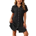 thumbnail image 1 of Y-Sunset Girls Button Down Shirt Dress, Short Sleeve Casual Linen Tunic Dress, Kids Collared Summer Dress with Pocket, Loose Fit Beach Cover Up for Girls(Black/12-13Years), 1 of 5