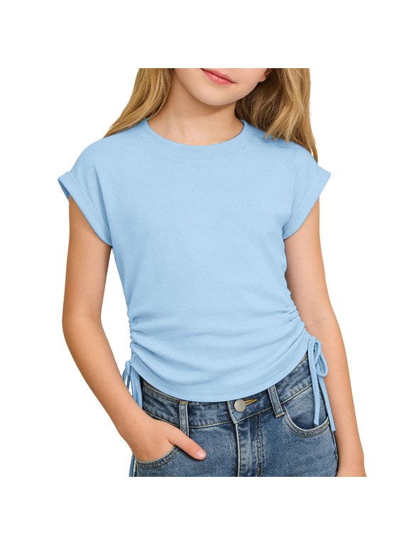 Girls Cap Sleeve Ruched Side Drawstring T-Shirt, Summer Spring Daily Play Top, Adjustable Side Knot Slim Fit Blouse, Multiple Color Options(Light Blue/13-14 Years)