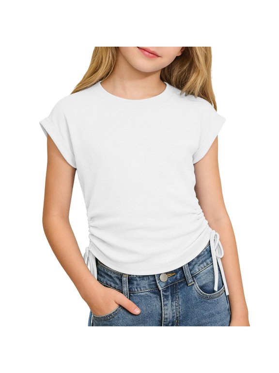 Girls Cap Sleeve Ruched Side Drawstring T-Shirt, Summer Spring Daily Play Top, Adjustable Side Knot Slim Fit Blouse, Multiple Color Options(White/11-12 Years)