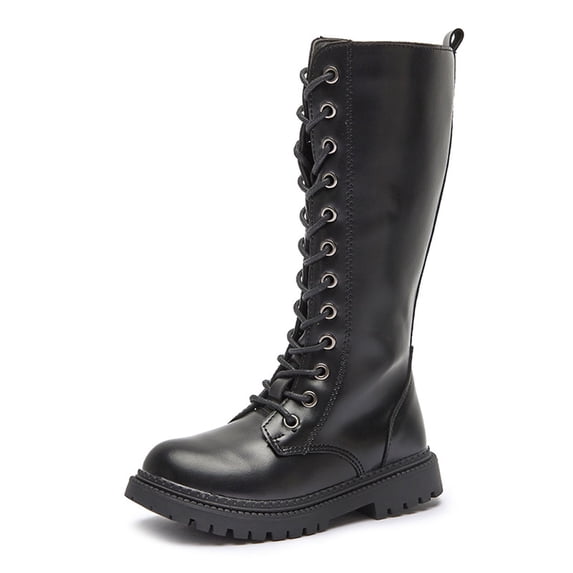 Y-Sunset Girls Leather Lace Up Knee High Boots with Side Zipper Fashion Comfortable Round Toe Low Heel Combat Riding Boots Winter Tall Boots Little Kid/Big Kid