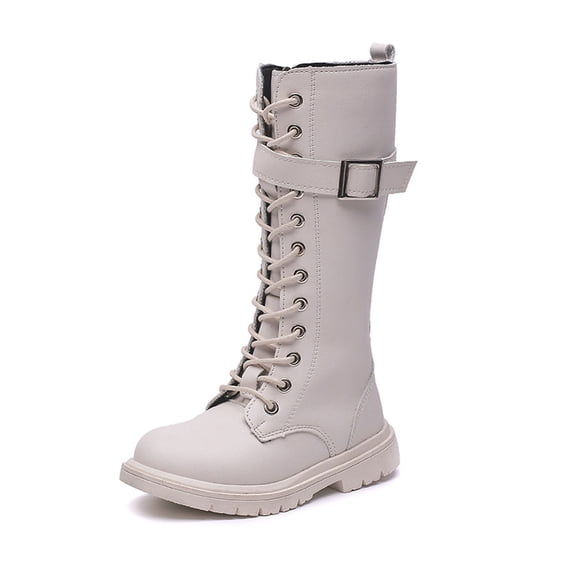 Y-Sunset Girls Leather Lace Up Knee High Boots with Side Zipper Fashion Comfortable Round Toe Low Heel Combat Riding Boots Winter Tall Boots Little Kid/Big Kid