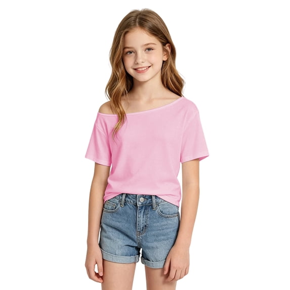 Y-Sunset Girls' Off-Shoulder Short Sleeve T-Shirt, Kids Solid Color Casual Knit Top, Breathable Summer Tee for Ages 7-12(Pink/7-8 Years)