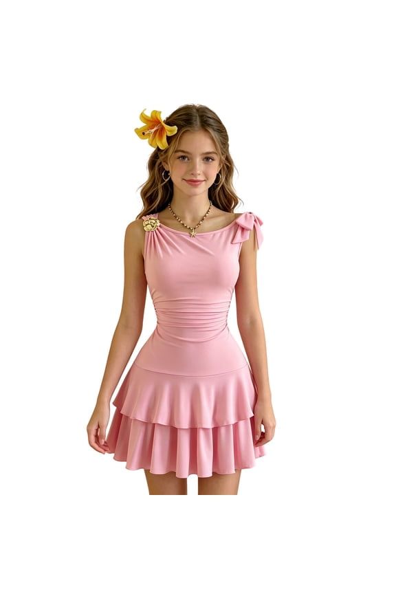 Girls Off The Shoulder Mini Dress - Metal Floral Sleeveless Layered Hem Going Out Dress for Teens Summer(Pink/13-14 Years)