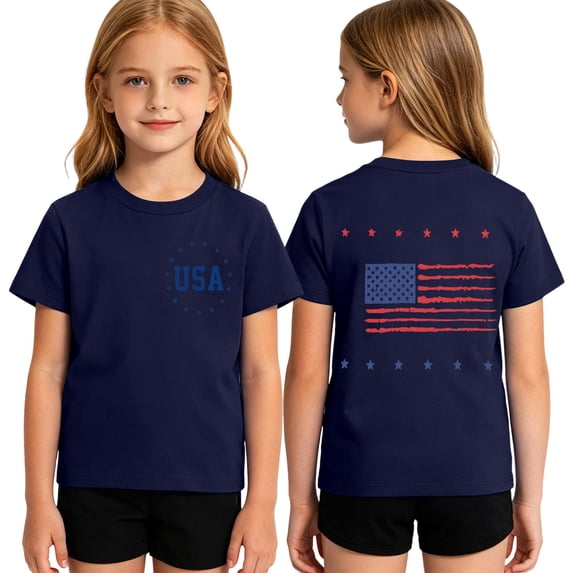 Y-Sunset Girls' Patriotic USA Flag T-Shirt, Kids 4th of July Short Sleeve Tee, Casual Independence Day Shirt for Ages 1-14(Navy/3-4 Years)