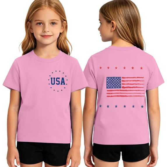 Y-Sunset Girls' Patriotic USA Flag T-Shirt, Kids 4th of July Short Sleeve Tee, Casual Independence Day Shirt for Ages 1-14(Pink/7-8 Years)