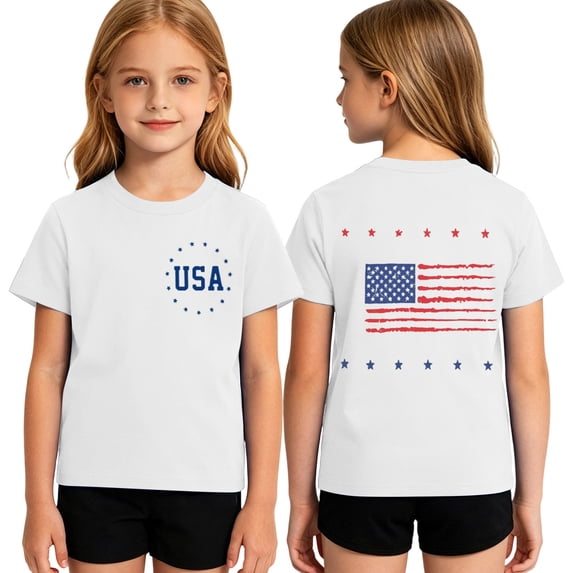 Y-Sunset Girls' Patriotic USA Flag T-Shirt, Kids 4th of July Short Sleeve Tee, Casual Independence Day Shirt for Ages 1-14(White/3-4 Years)