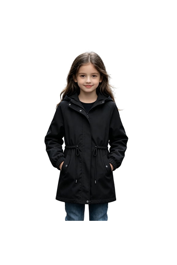 Girls Rain Jacket 2026 Lightweight Waterproof Windproof Rain Coat Drawstring Zip Up Windbreaker Outdoor Trench Coat (Black2/5-6 Years)